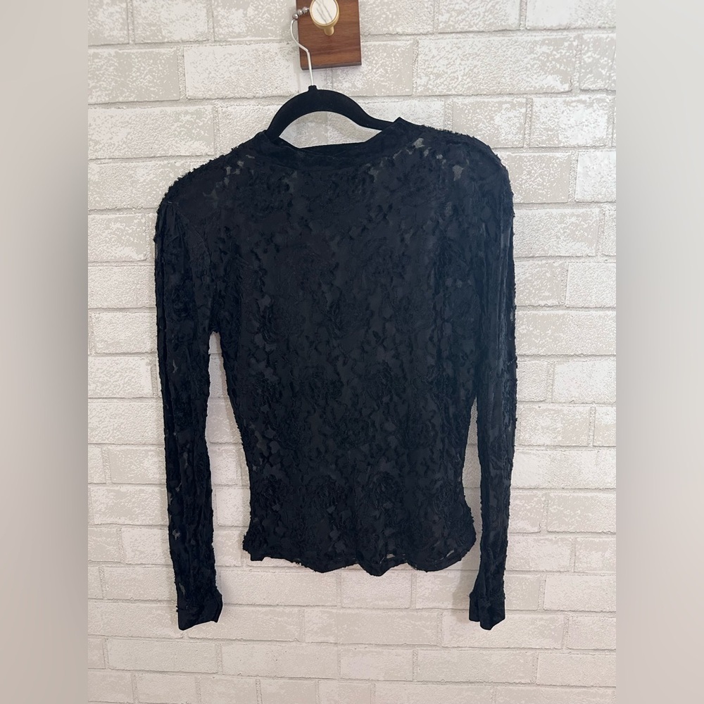 Black Sheer Rose Velvet Burnout Long Sleeve Gothcore Top Size s/m #1861 - Picture 2 of 7